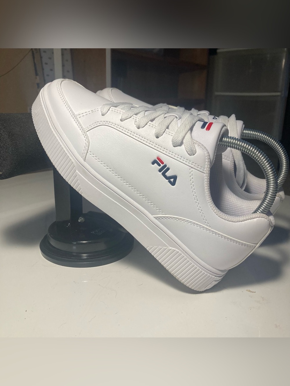 Fila White Leather Low-Top Sneaker with Red & Navy Accents